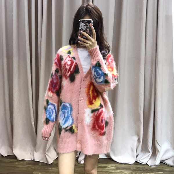 

women's sweaters 2021 autumn women print wool sweater fashion v neck long sleeve casual loose kintted cardigan, White;black