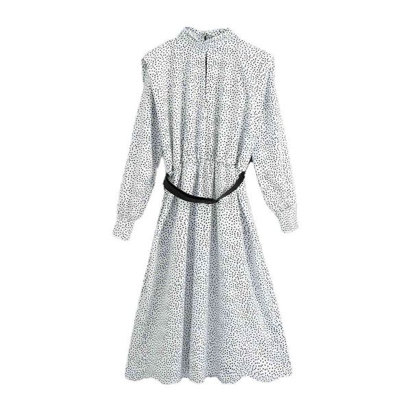

women dress polka dot belted high neck midi pronounced shoulders elegant femme robe ropa mujer vestidos 210420, Black;gray