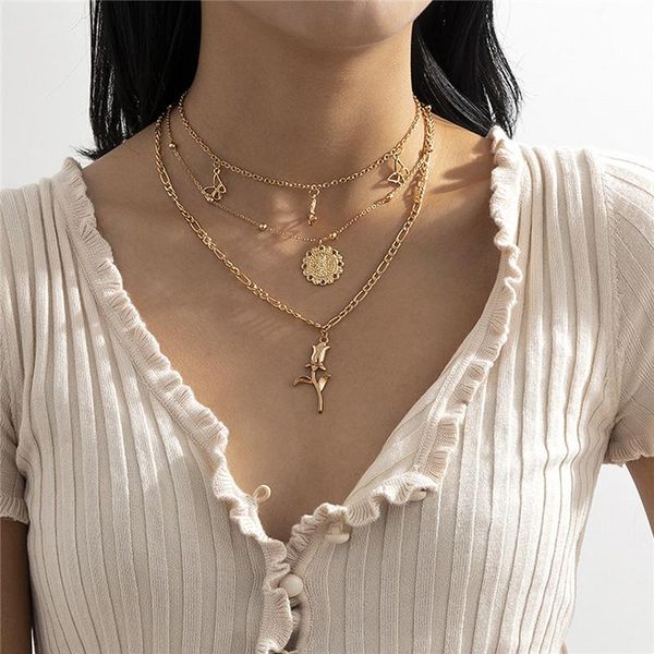 

Hollow Out Tassel Butterfly Pendant Necklaces Alloy Rose Flowers Beaded Thin Chain Female Lady Multi Layer Animal Sweater Necklace Jewelry Wholesale, Silver
