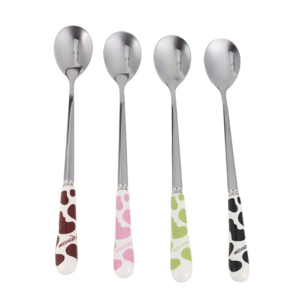 

4pcs stainless steel spoons with ceramic cow design handle cartoon cutlery coffee dessert spoon (black, pink, green, brown)