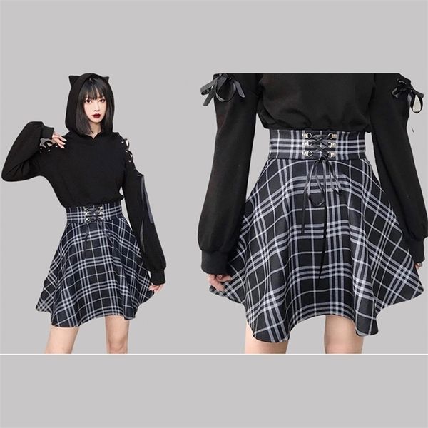 

gothic lolita skirt female s- multi-size autumn and winter high waist lace-up short check wool mini ballet 211112, Black
