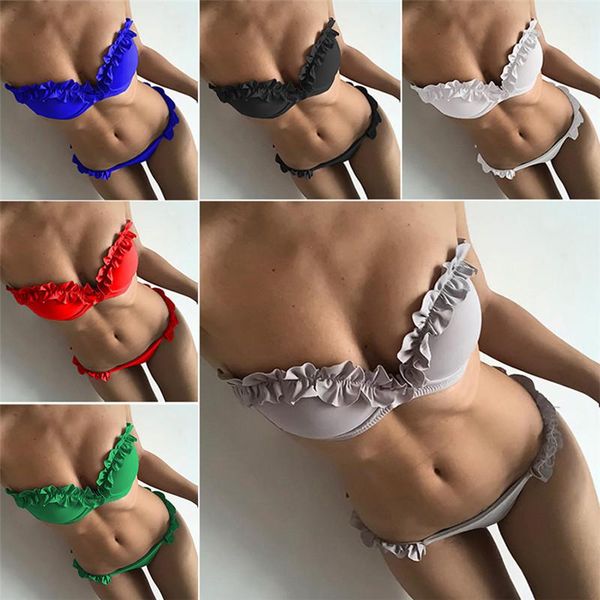 

women's swimwear women bikinis 2021 solid color lace brazilian beach bikini set push-up padded bra red bathing suit swimsuit, White;black