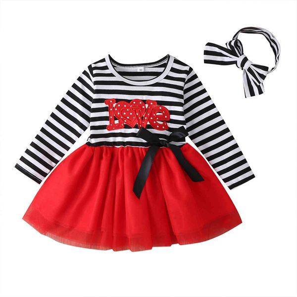 1-5Y San Valentino Toddler Kid Baby Girl Dress manica lunga a righe Love Tulle Abiti estivi Costumi per bambini 210515