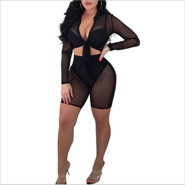 

two piece dress black white casual outfit women long sleeve mesh patchwork crop tight shorts 2021 perspective 2 sets n260