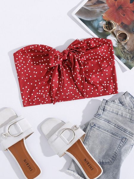 

tie front polka dot tube a61u#, White