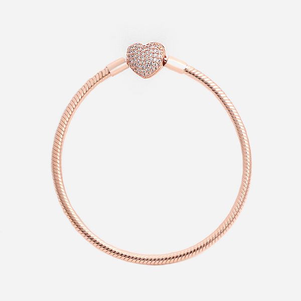 

luxury fashion 18k rose gold cz diamond heart bracelets original box for pandora 925 silver smooth snake chain bracelet, Golden;silver