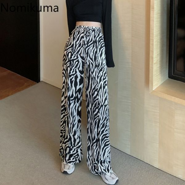 

nomikuma animal printed wide leg pants women contrast color casual loose high waist trousers chic pantalones streetwear 210514, Black;white