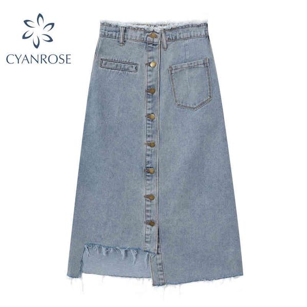 

high waist denim skirt women autum fashion elegant casual single breasted pocket a-line slim mid long jean skirts female 210417, Black