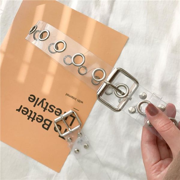 

belts women clear full grommet belt female disigner punk rivet pin buckle waist resin plastic pvc trouser jeans transparent, Black;brown