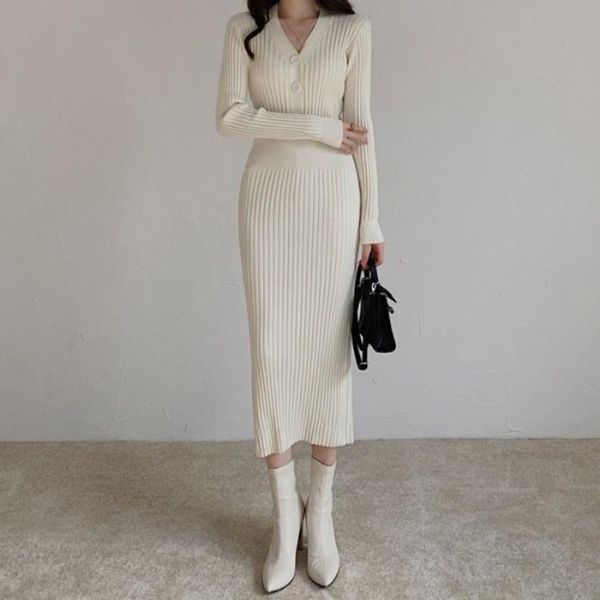 

casual dresses houzhou white knitted bodycon dress women 2021 autumn long sleeve elegant vintage korean style sweater v-neck robe, Black;gray
