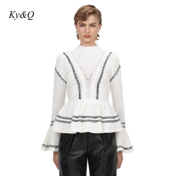 

women's sweaters runway brand designer 2021 winter striped color matching ruffled hem sweater women flare sleeve luxury christmas white, White;black