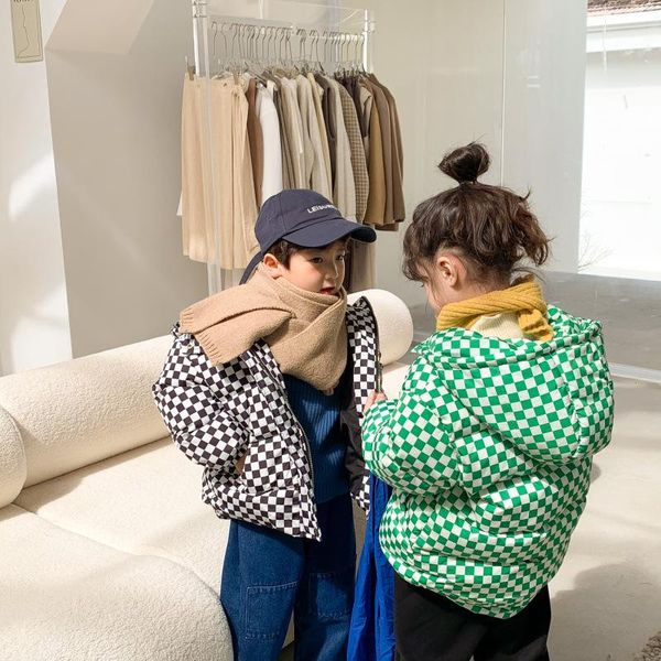 

down coat boys and girls chessboard warm hooded jackets winter children fashion thick coats, Blue;gray