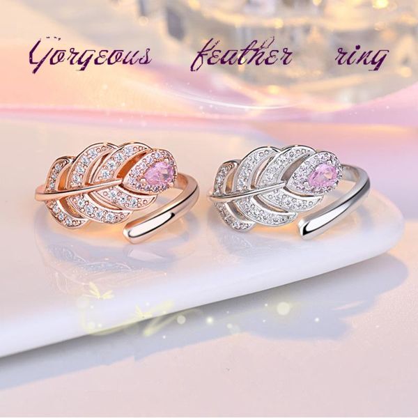 

fashion retro high-quality feather zircon ring for women wedding engagement jewelry opening rings, Slivery;golden