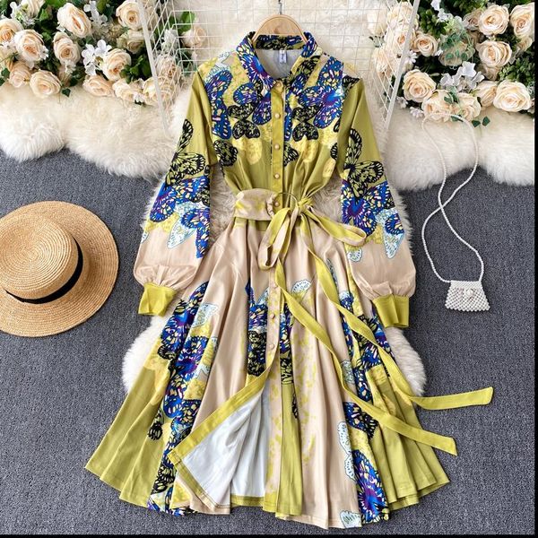 

womens dresses catwalk style temperament lapel button buttoned puff sleeve slim fit belt waist slimming printed dress women uk562, Black;gray