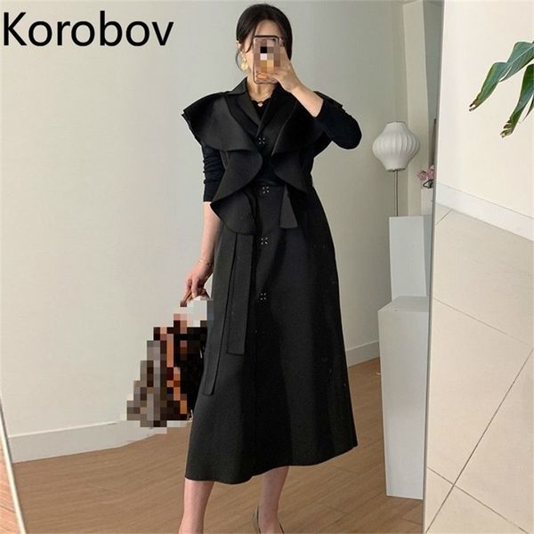

korobov korean chic french elegant lapel ruffle stitching lace-up waist slimming flying sleeve dress long skirt female 210430, Black;gray