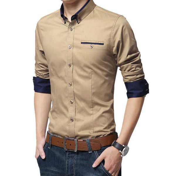 Herbstmode Einfarbig Khaki Weiß Herren Langarmhemden mit Kragen Slim Fit Männlich Sozialhemd 5XL 210528