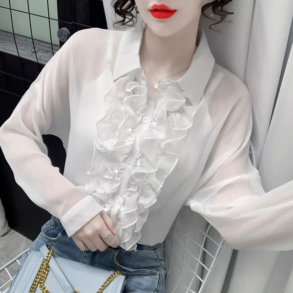 

women's blouses & shirts women blouse office lady summer 2021 loose micro-transparent long sleeve ruffle beading chiffon mesh sunscreen, White