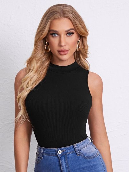 

mock neck rib-knit tank i3pg#, White