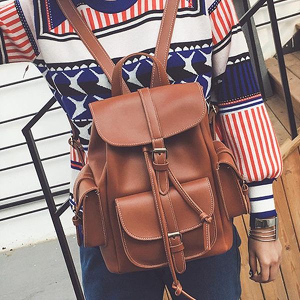 

stylish travel leather backpack womens bag minimalist student school bags for teenage korean hasp girls mochila