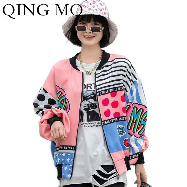 

women's jackets qing mo 2021 autumn fashion women jacket loose and thin cartoon printed coat trendy cardigan baseball uniform zwl307, Black;brown