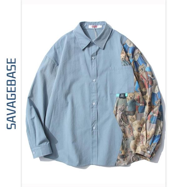 

men's casual shirts 2021 spring bear pattern retro pure cotton japanese shirt couple jacket stitching tooling long-sleeved, White;black