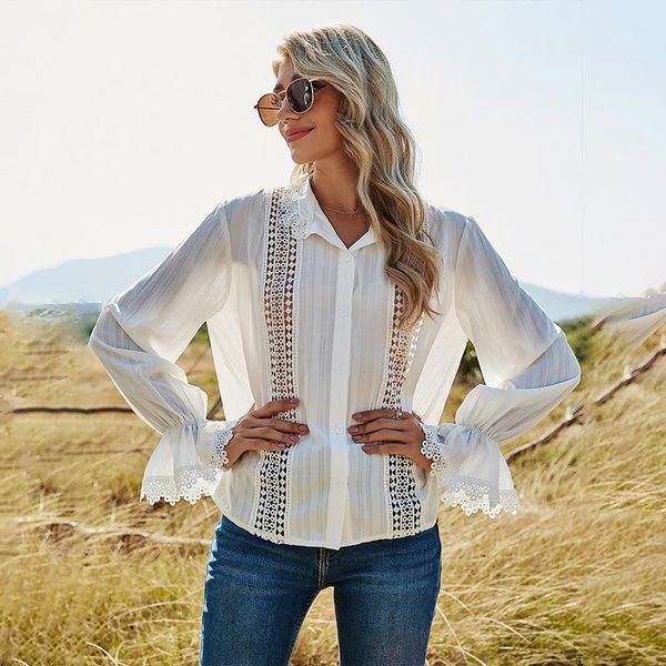 

women's blouses & shirts fashion spring hollow out women casual flare sleeve white blouse shirt for 2021 summer