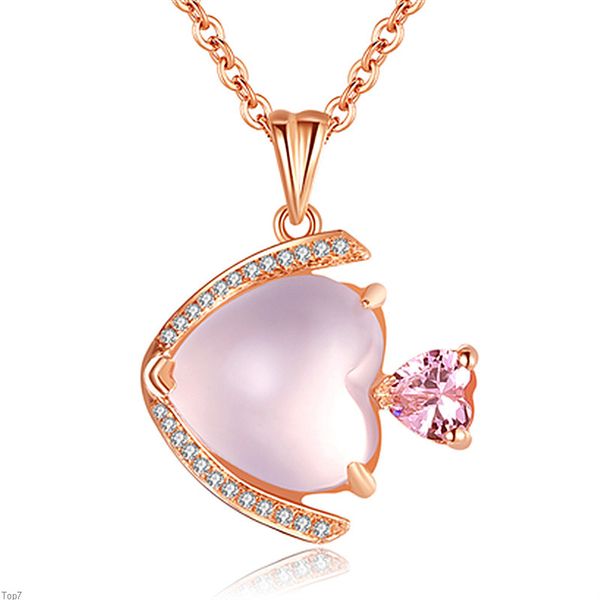 Collane da donna in cristallo con pendente a vita, placcato in oro K. Pesciolino rosa a forma di cuore in oro argento