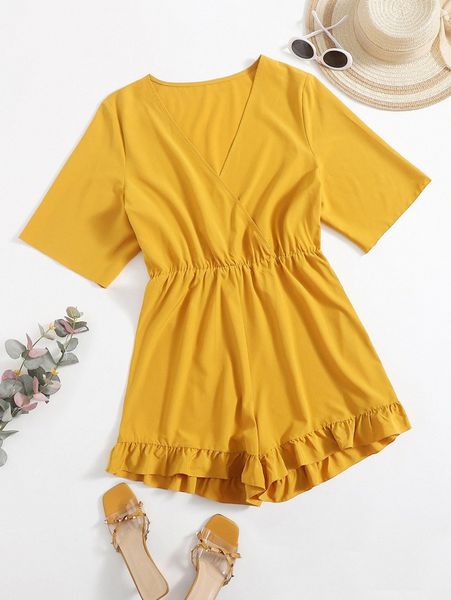 

plus surplice neck ruffle hem romper m7zh#, Black