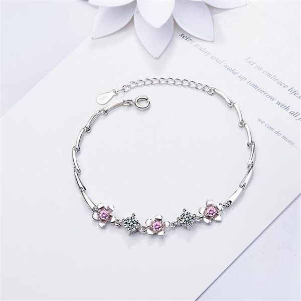 

charm bracelets beautiful flower temperament fashion jewelry 925 sterling silver pink crystal plant cherry blossoms women b184, Golden;silver