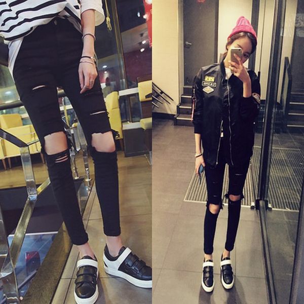 

fashion a pair of jeans korean version tight and thin elastic holed women pants wear leggings pencil, Blue