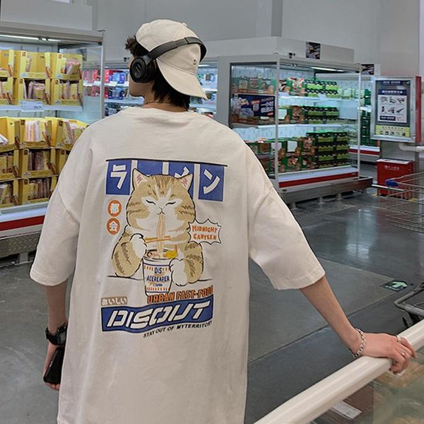 

men's t-shirts 2021 cat cartoon printed men tshirt casual baggy short sleeve t-shirt japanese style big size male t shirt couple, White;black