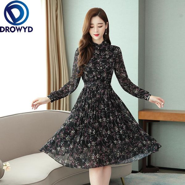 

casual dresses drowyd fashion girl chiffon pleated print midi dress women bohemian long sleeve elegant floral party vestidos, Black;gray