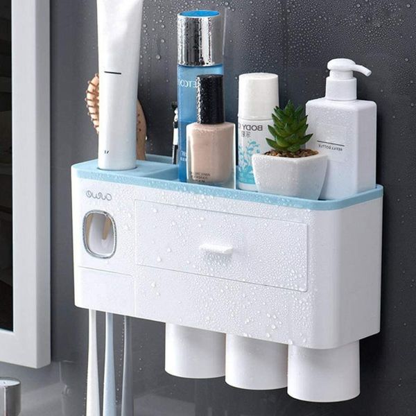 

bath accessory set toothpaste dispenser automatic holder with cup wall mount toiletries storage rack bathroom accessories