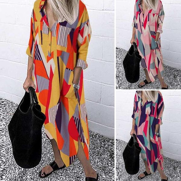 

casual dresses zanzea 2021 stylish printed midi dress women's autumn sundress button geometry long vestidos female lapel robe oversized, Black;gray