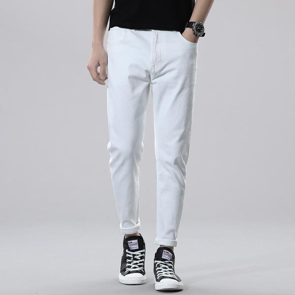 

men's jeans 2021 korean style of the trendy brand ins pure white simple casual slim all-match personality, Blue