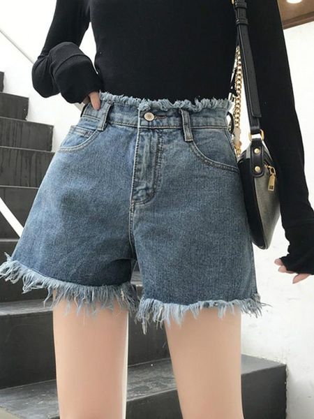 

denim shorts women's summer versatile show thin wide leg loose korean high waist jeans, Blue