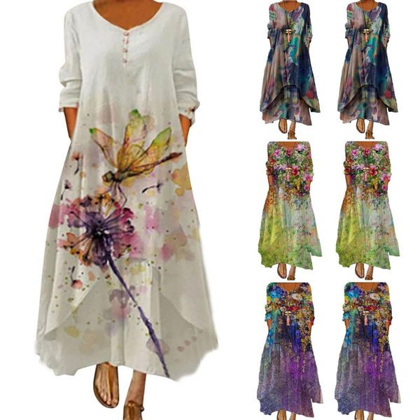 

casual dresses bohemian print loose pockets dress women vintage floral model catwalk clothing fashion female plus size long sleeve maxi, Black;gray