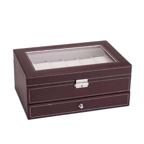 

[us-w]12 slots watch box mens organizer lockable jewelry display case with real glass faux leather brow cosmetic bags & cases