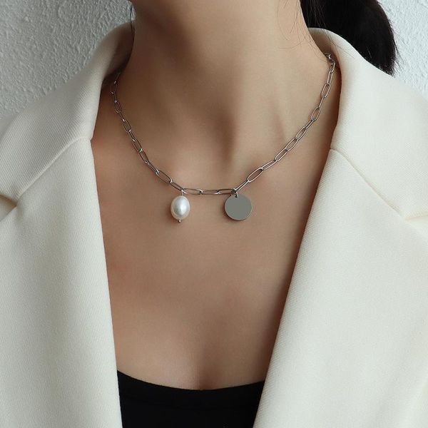 

pendant necklaces elegant gold color stainless steel neck chain round necklace for women, natural freshwater baroque pearl, Silver