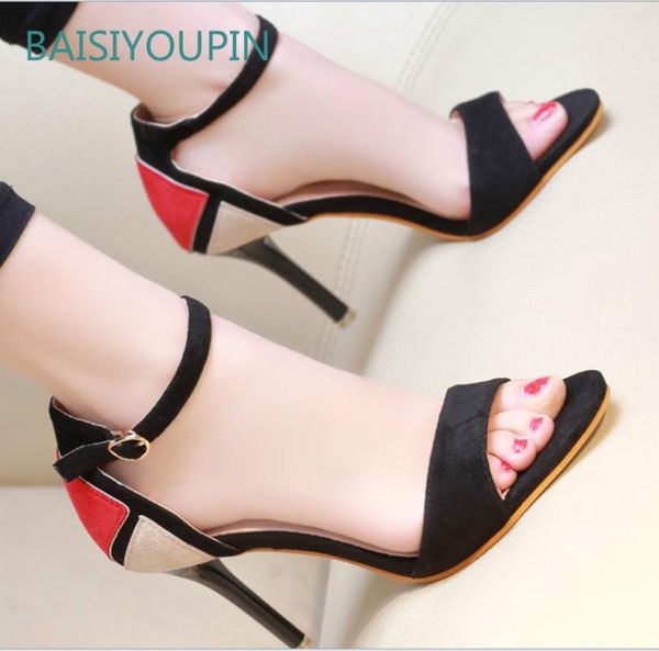 

women sandals mixed colors fashion shallow buckle strap platform 9cm high thin heel flock casual party female shoes, Black