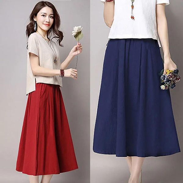 

skirts summer women linen cotton long female korean version elastic waist dark blue beige pleated casual boho vintage, Black
