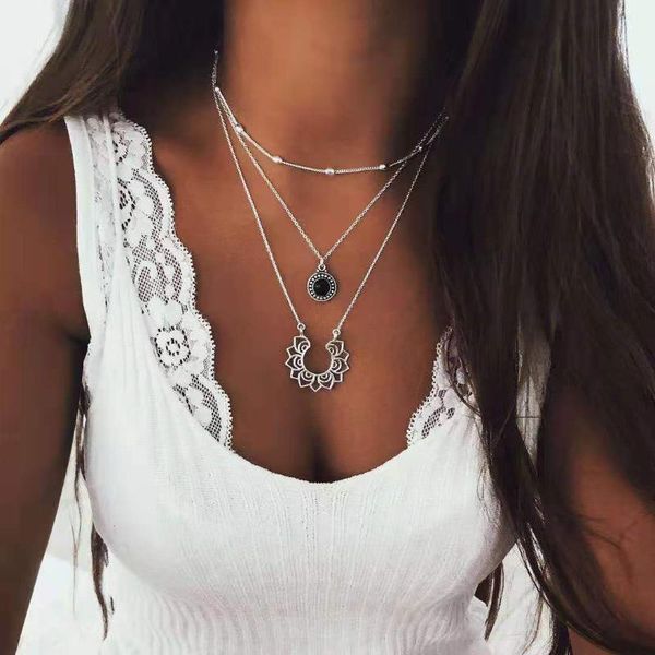 

bohemia fashion jewelry necklace for women multi-layer womens lotus pendant necklaces european and american ethnic jewelrys, Silver