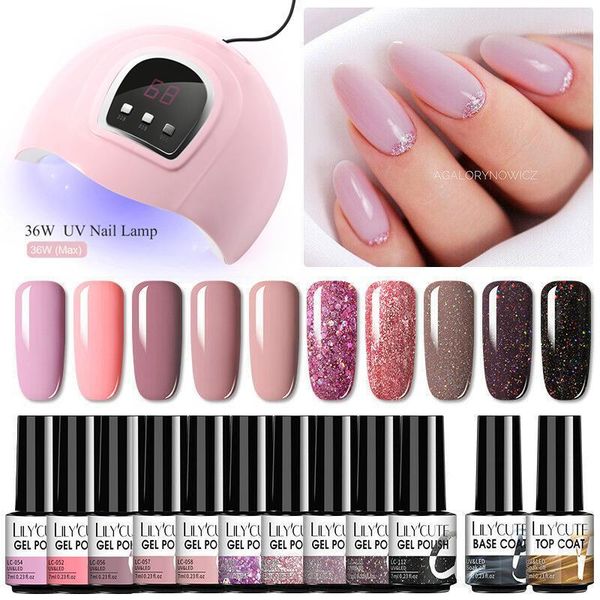 

36w/6w uv lamp nail set for manicure 10 colors gel polish with base coat soak off led dryer art kits1