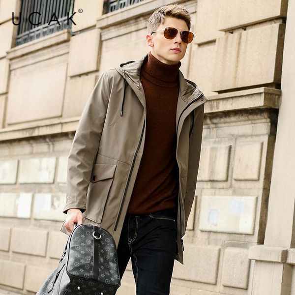 

men's trench coats ucak brand classic solid color men hooded jackets clothes arrivals streetwear coat windbreaker clothing u8209, Tan;black