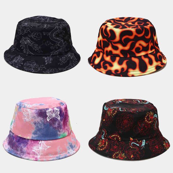 

tie dye butterfly fire cloud dragon print fisherman hat for men women outdoor summer fishing cap bucket hat hip hop sunhat, Blue;gray