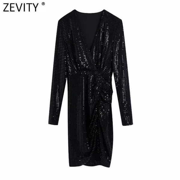 

zevity women cross v neck sequined pleated casual slim dress female chic long sleeve brand party mini vestido ds4748 210603, Black;gray