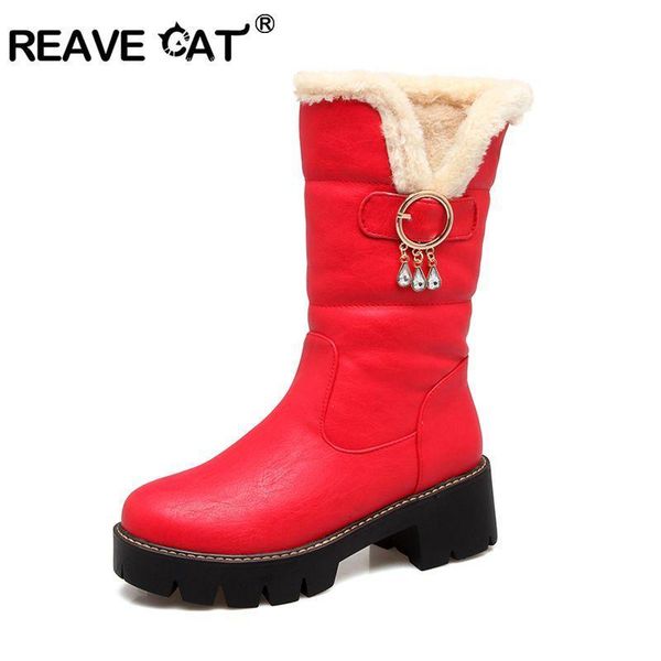 

reave cat large size 34-43 mid calf boots high heels platform women boots pu leather thick winter snow boot a1108, Black