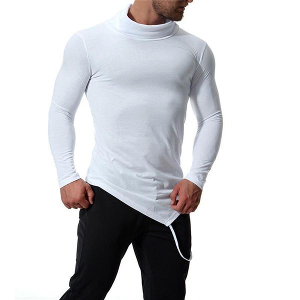

men's t-shirts sleeve t shirt spring fashion high neck apparel slim solid clothes mens irregularity long, White;black