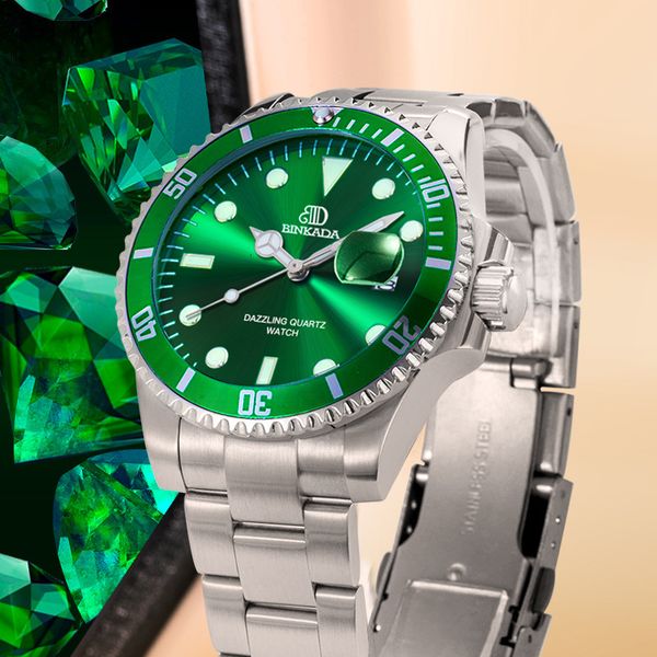 

binkada new black green water ghost watch men's monster fully automatic non mechanical, Slivery;brown