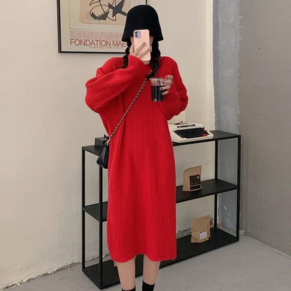 

autumn winter korean style round neck pullover solid color sweater over the knee casual knitted women's dress dresses, Black;gray